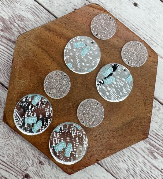Silver Mirrored Winter Mitten Pattern Acrylic and Glitter Circle Set Earring Blanks, DIY Jewelry Making