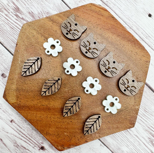 Cat Flower Leaf Acrylic and Wood Trio Set, Earring Blanks, DIY Jewelry Making