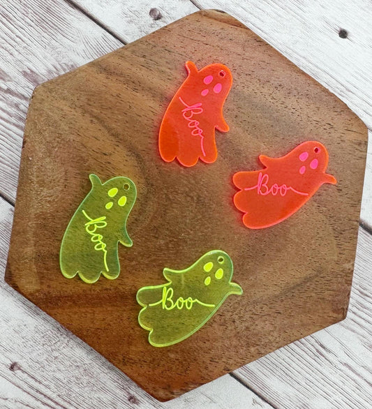 Set of 2 Pair Halloween Florescent Black Light Reactive Engraved Boo Ghost Acrylic Earring Blanks DIY Jewelry Making