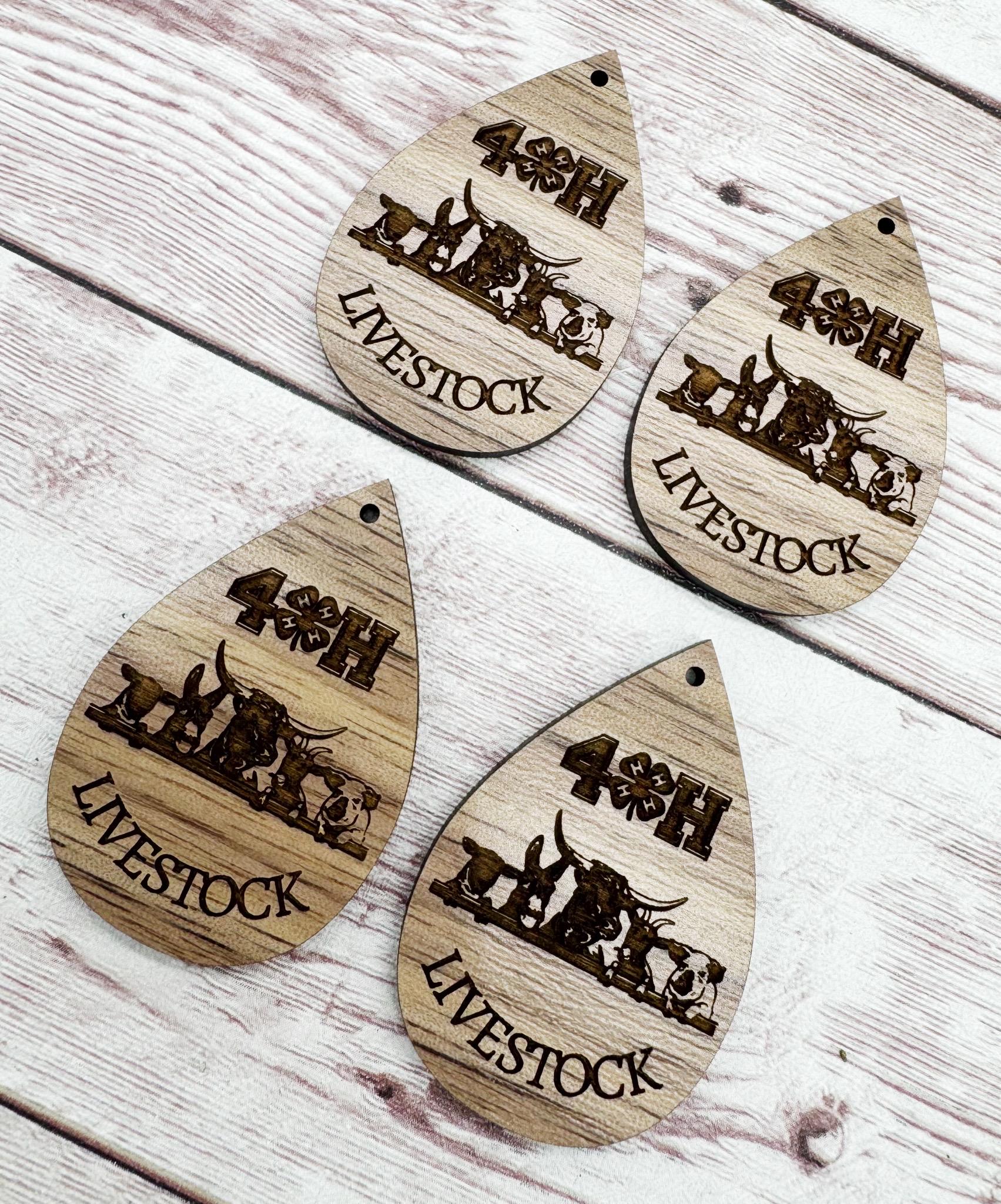 Wood Engraved 4H Livestock Earring Blanks, Finished Walnut Blank, DIY Jewelry Making