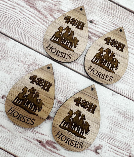 Wood Engraved 4H Horses Earring Blanks, Finished Walnut Blank, DIY Jewelry Making