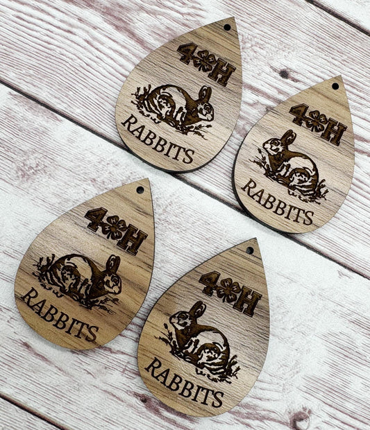Wood Engraved 4H Rabbits Earring Blanks, Finished Walnut Blank, DIY Jewelry Making