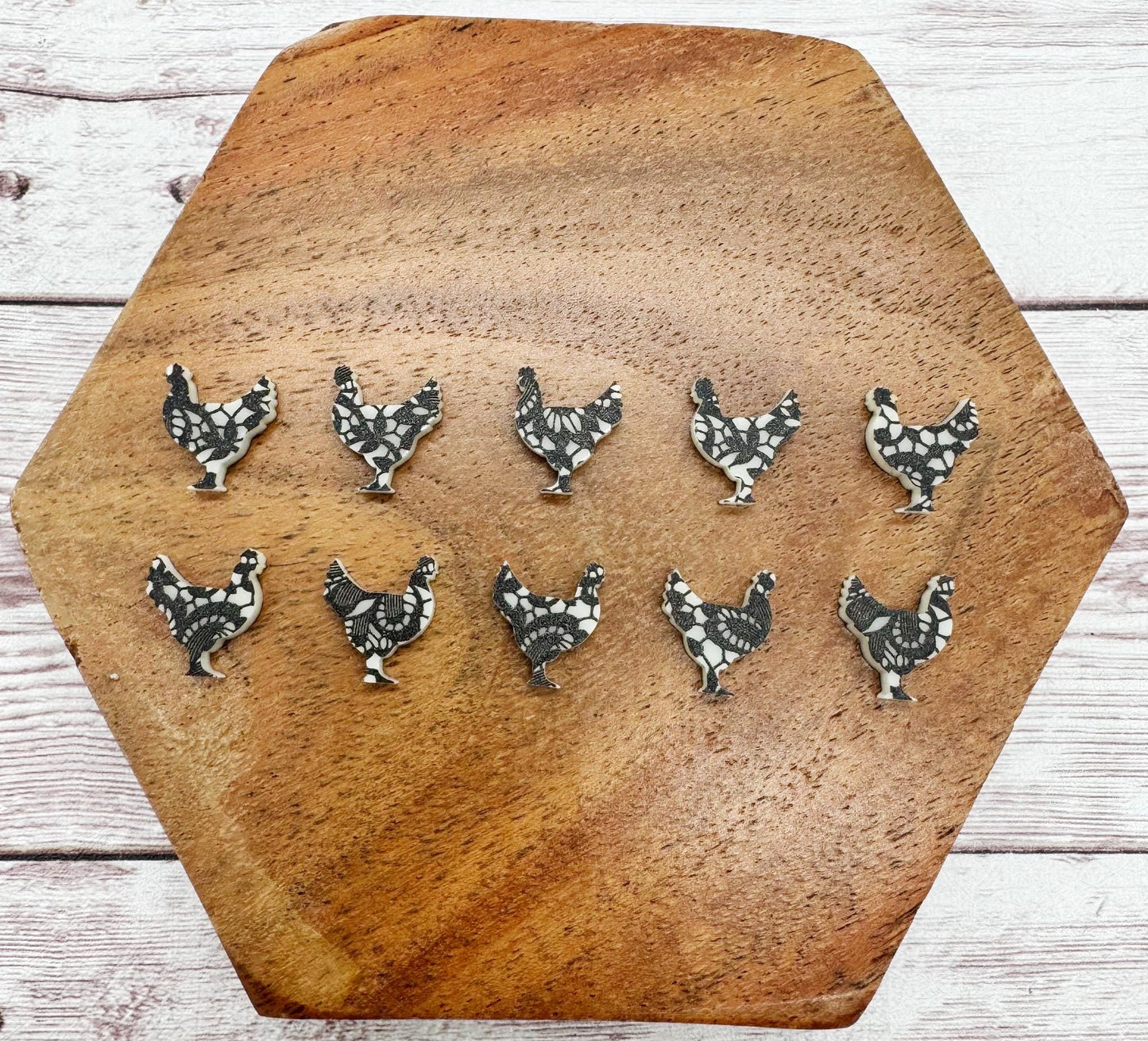 Black and Cream Lace Print Chicken Hen Stud Earring Blanks Set of 5 Pair DIY Jewelry Making