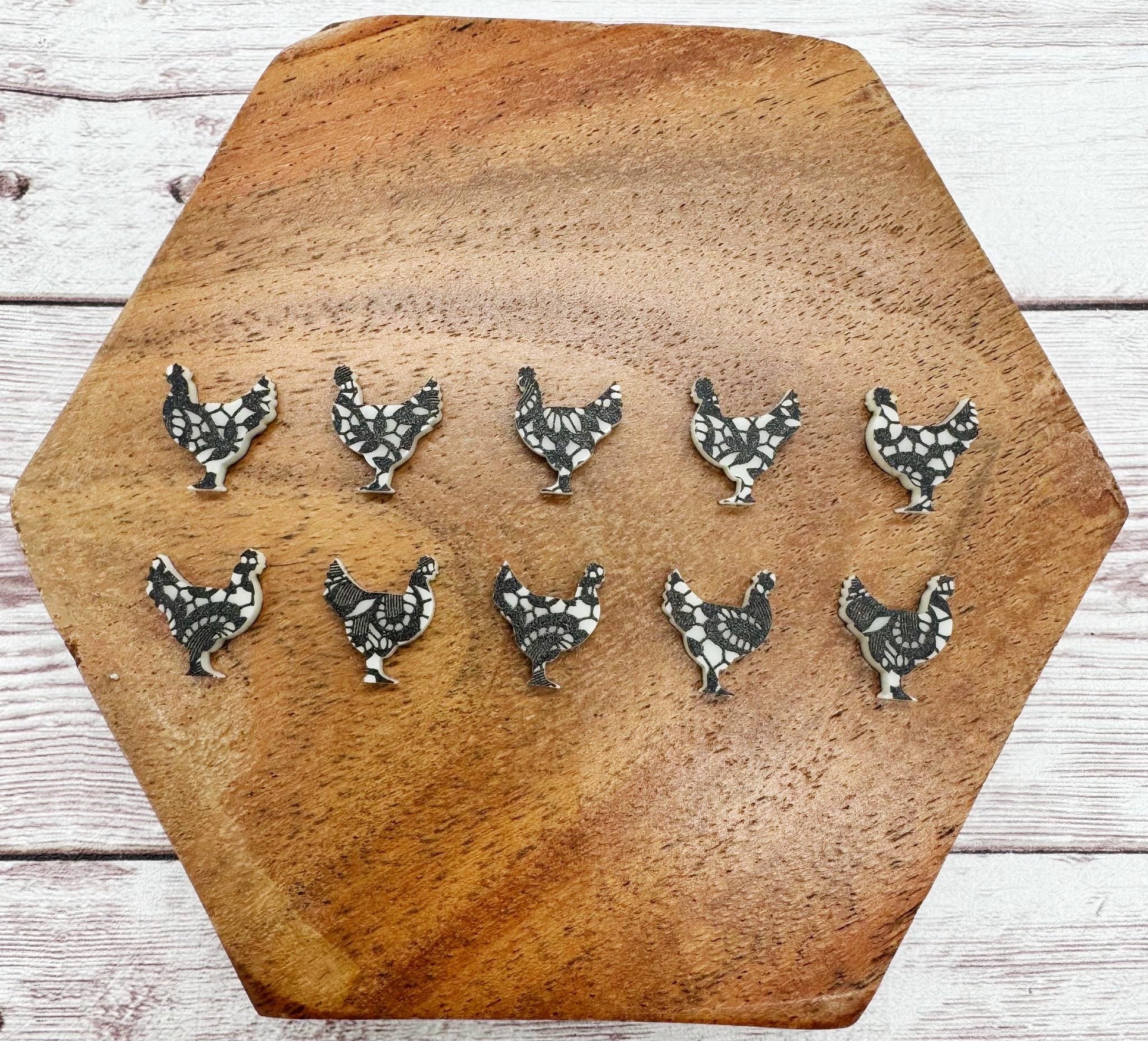 Black and Cream Lace Print Chicken Hen Stud Earring Blanks Set of 5 Pair DIY Jewelry Making