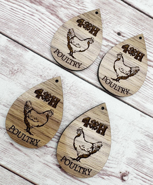 Wood Engraved 4H Poultry Earring Blanks, Finished Walnut Blank, DIY Jewelry Making