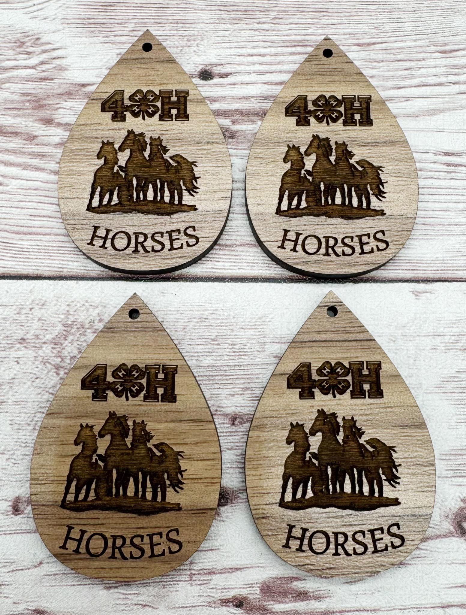 Wood Engraved 4H Horses Earring Blanks, Finished Walnut Blank, DIY Jewelry Making