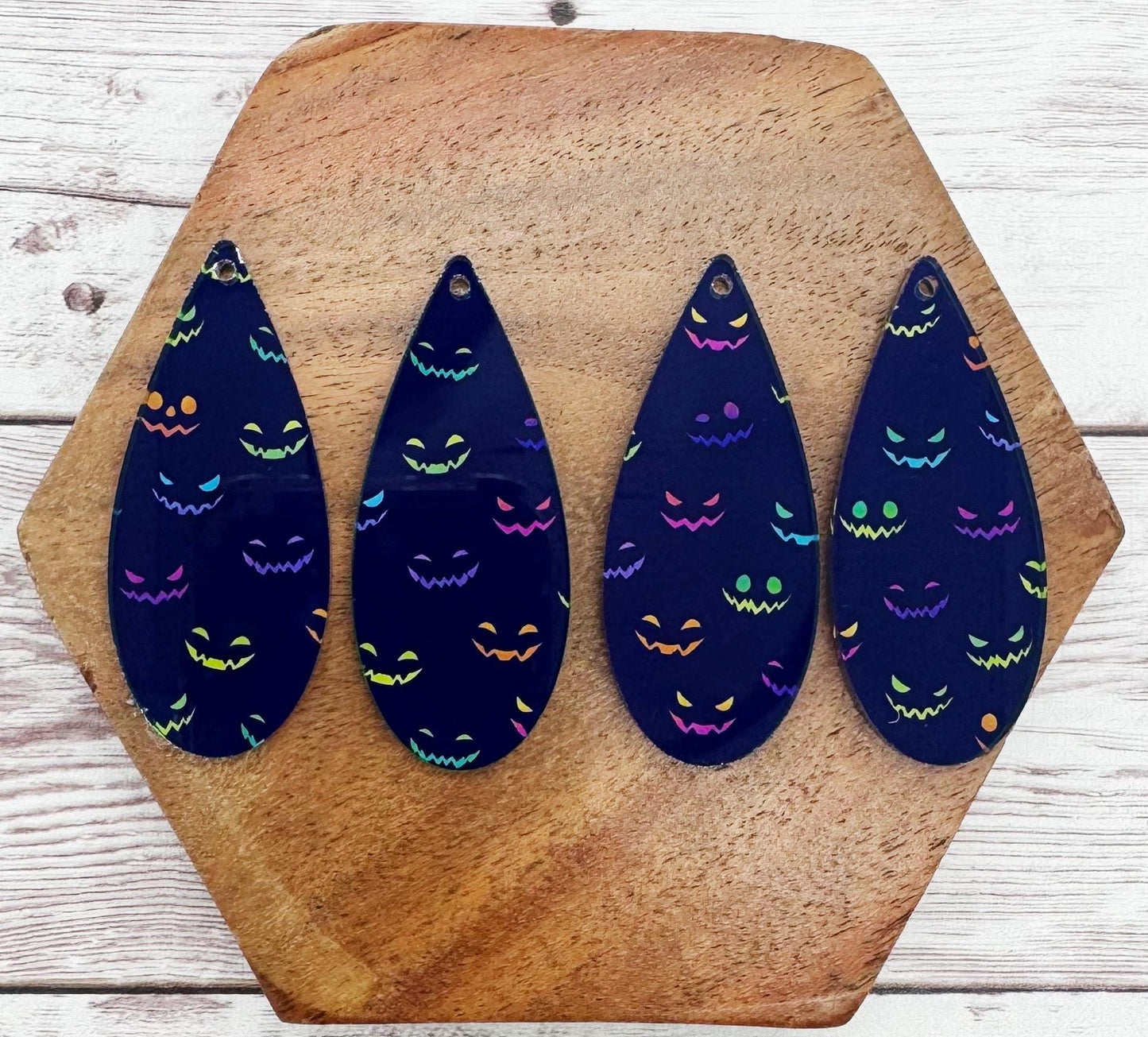 Patterned Neon Pumpkin Faces Halloween Fall Tall Teardrop Earring Blanks, DIY Jewelry Making