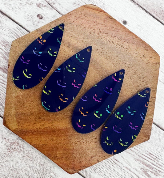 Patterned Neon Pumpkin Faces Halloween Fall Tall Teardrop Earring Blanks, DIY Jewelry Making