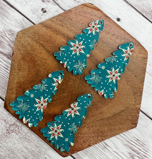 Patterned Teal Retro Snowflake Print Winter Tree Acrylic Earring Blanks, DIY Jewelry Making