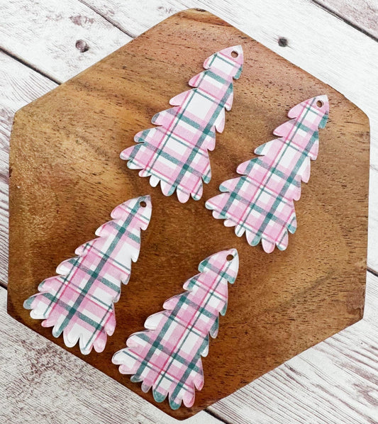 Patterned Pink and Grey Plaid Print Winter Tree Acrylic Earring Blanks, DIY Jewelry Making
