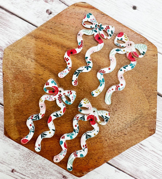 Winter Christmas Floral Print Acrylic Long Ribbon Bow Earring Blanks, DIY Jewelry Making