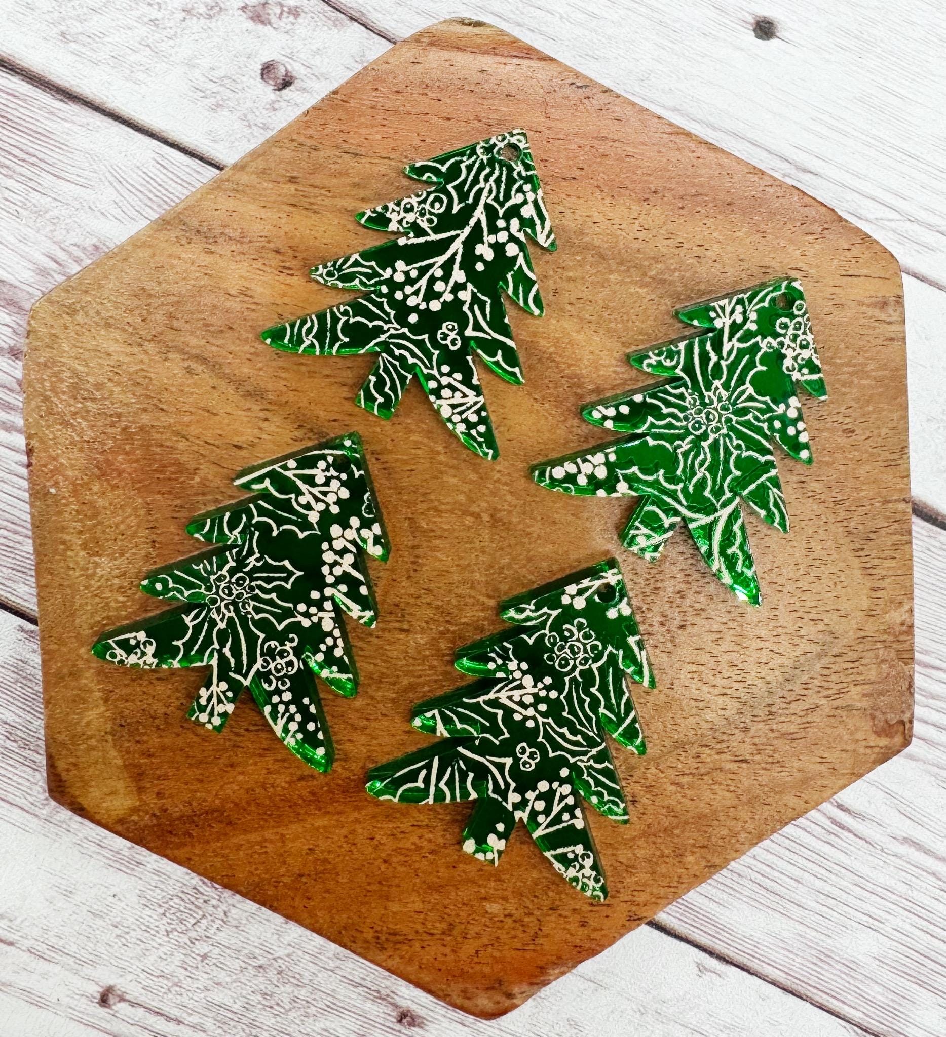 Patterned Green Mirrored and Gold Print Winter Tree Acrylic Earring Blanks, DIY Jewelry Making