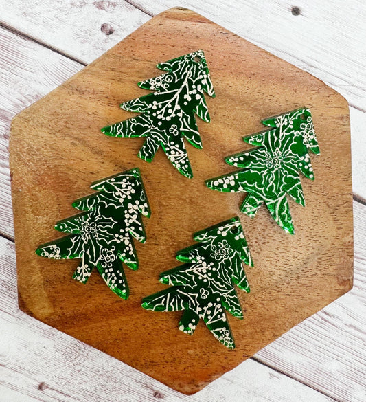 Patterned Green Mirrored and Gold Print Winter Tree Acrylic Earring Blanks, DIY Jewelry Making
