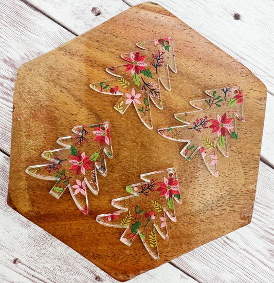 Patterned Winter Poinsettia Floral Print Tree Acrylic Earring Blanks, DIY Jewelry Making