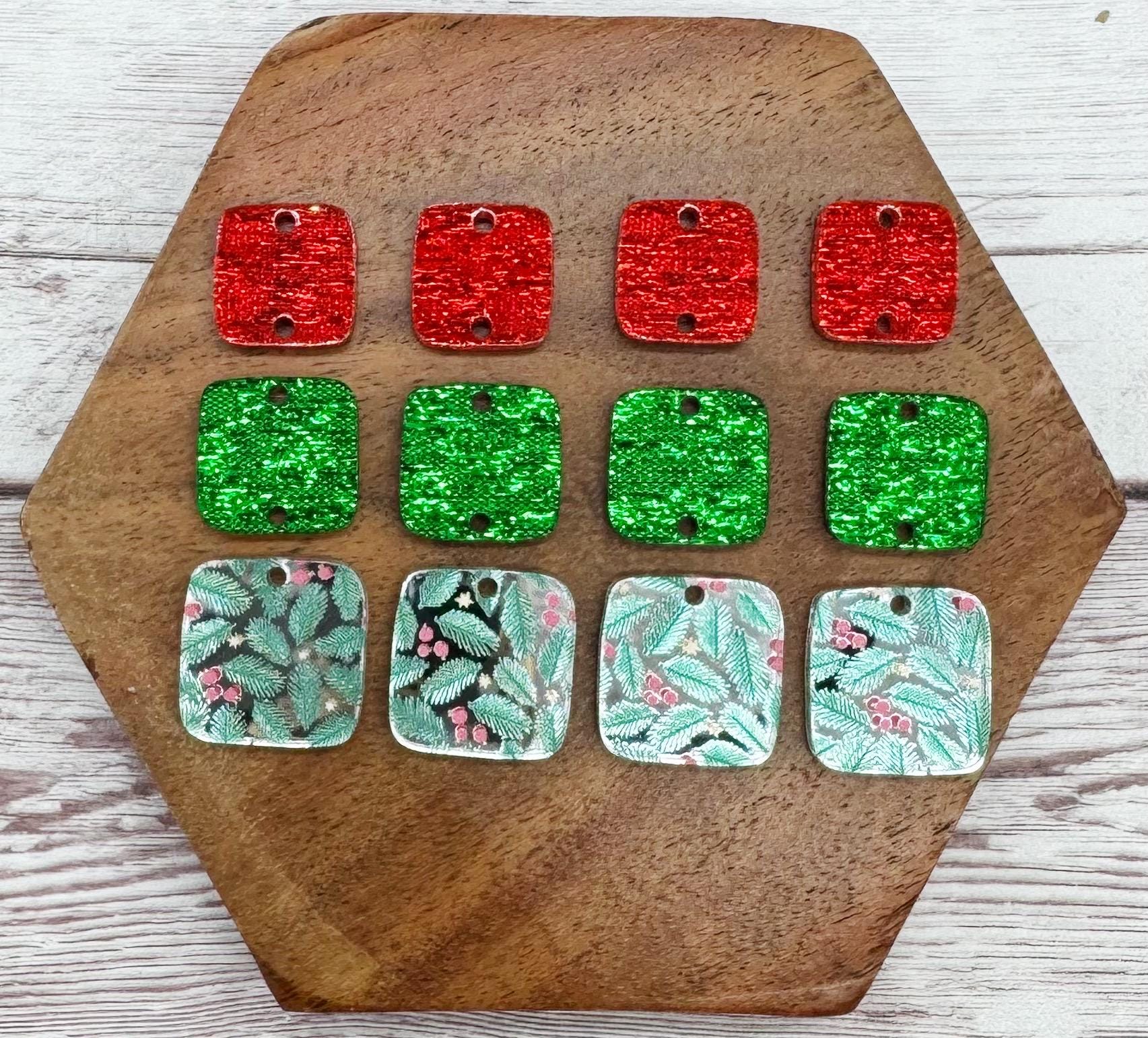 Winter Holly Berry Print Mirrored Acrylic Christmas Rounded Square Trio Set Earring Blanks, DIY Jewelry Making