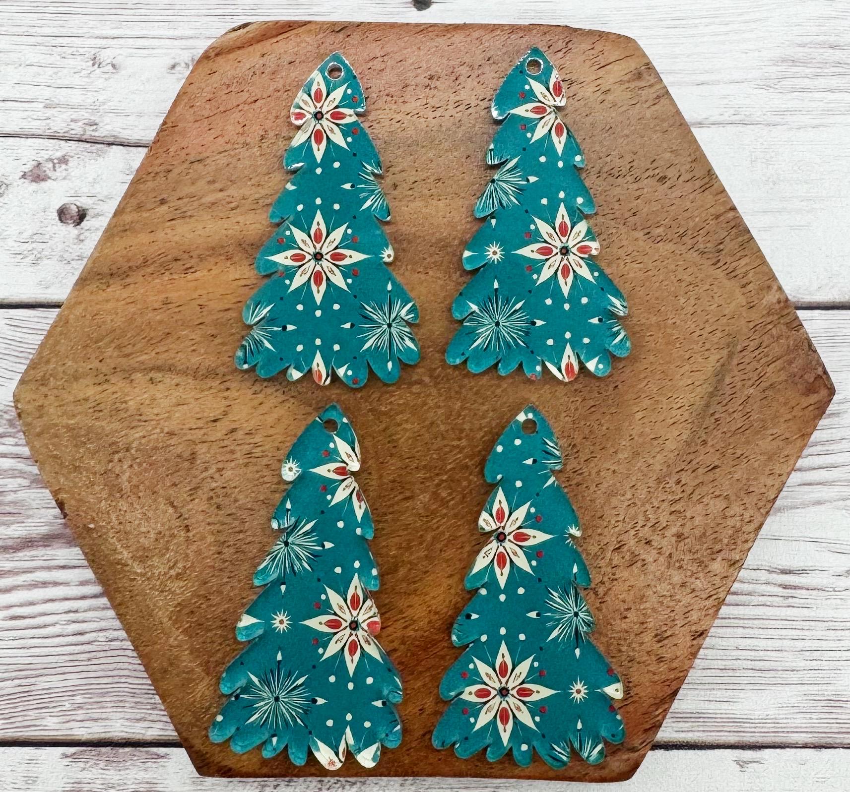 Patterned Teal Retro Snowflake Print Winter Tree Acrylic Earring Blanks, DIY Jewelry Making
