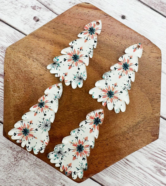 Patterned White Retro Snowflake Print Winter Tree Acrylic Earring Blanks, DIY Jewelry Making
