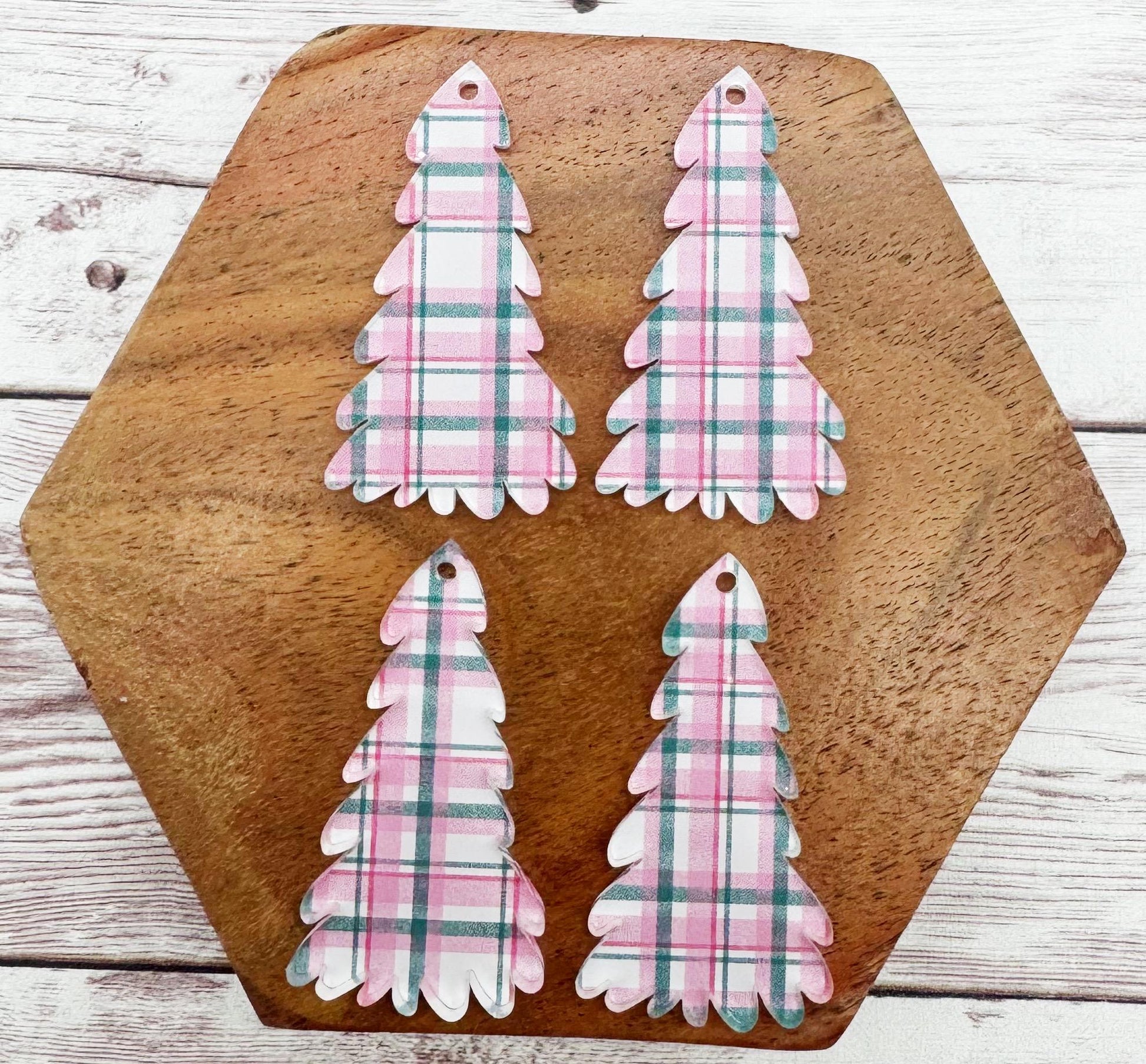 Patterned Pink and Grey Plaid Print Winter Tree Acrylic Earring Blanks, DIY Jewelry Making