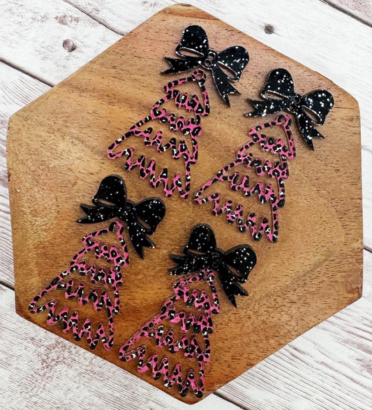 Pink Leopard Print Doodle Christmas Tree and Black Glitter Bow Connector Set Earring Blanks, DIY Jewelry Making