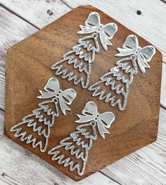Holographic Glitter Doodle Christmas Tree and Silver Mirrored Bow Connector Set Earring Blanks, DIY Jewelry Making