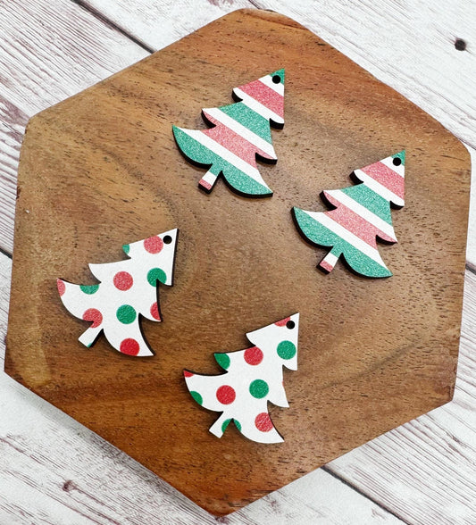 Set of 2 Pair Christmas Tree Polka Dot and Stripes Patterned Wood Earring Blanks DIY Jewelry Making