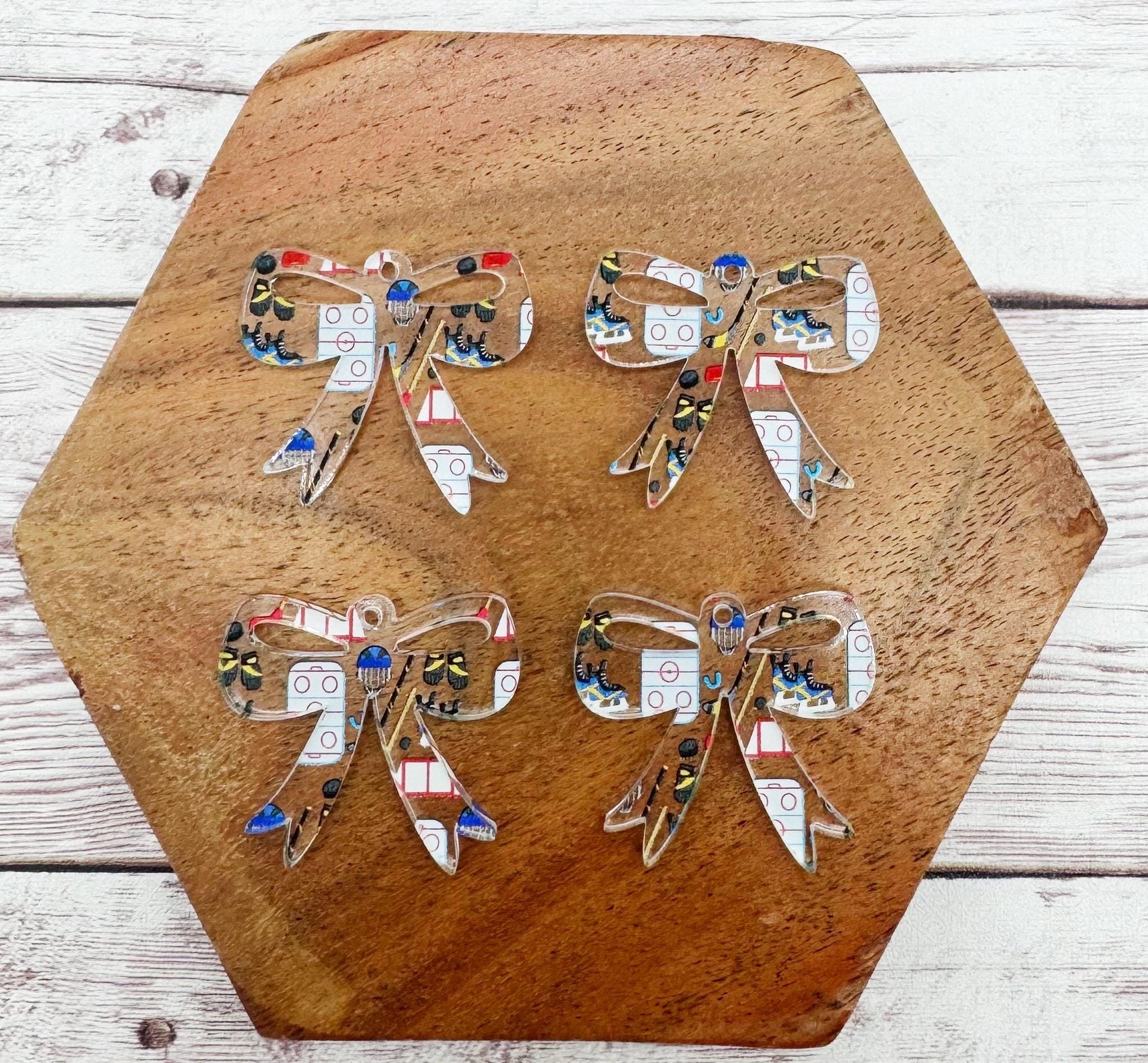 Set of 2 Hockey Print Acrylic Bow Sports Earring Blanks DIY Jewelry Making