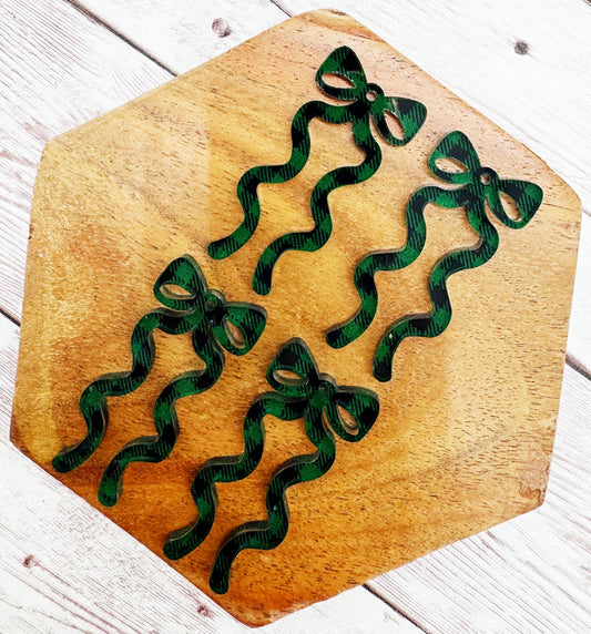 Winter Christmas Green and Black Plaid Acrylic Long Ribbon Bow Earring Blanks, DIY Jewelry Making