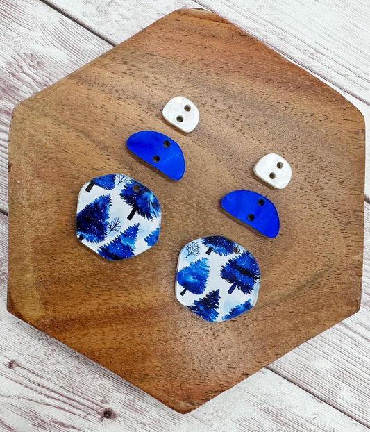 Blue Winter Tree Print Stone Trio Dangle Earring Blanks, DIY Jewelry Making
