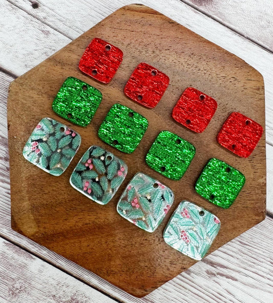 Winter Holly Berry Print Mirrored Acrylic Christmas Rounded Square Trio Set Earring Blanks, DIY Jewelry Making