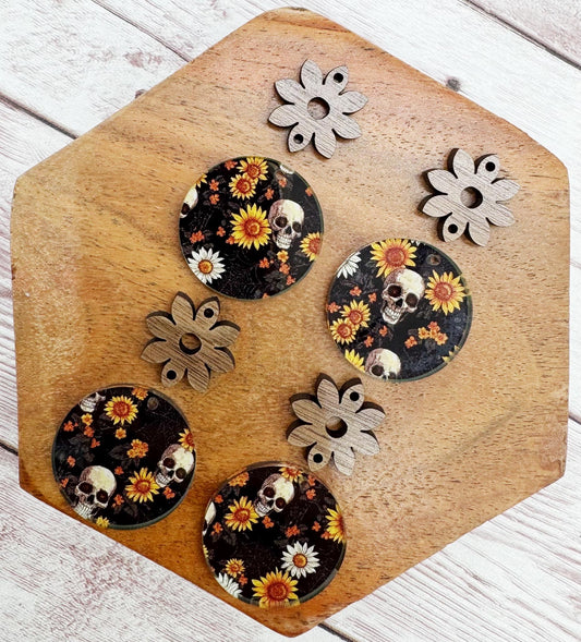 Sunflower Skull Print Acrylic and Wood Connector Set Halloween Earring Blanks, DIY Jewelry Making