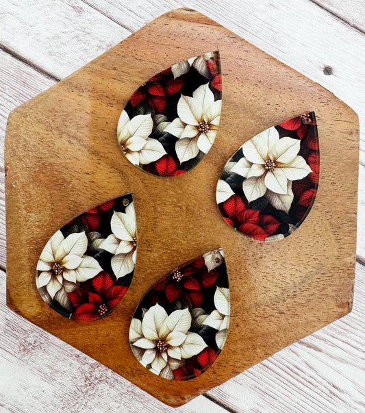 Red and White Print Poinsettia Holiday Christmas Print Acrylic Teardrop Earring Blanks, DIY Jewelry Making