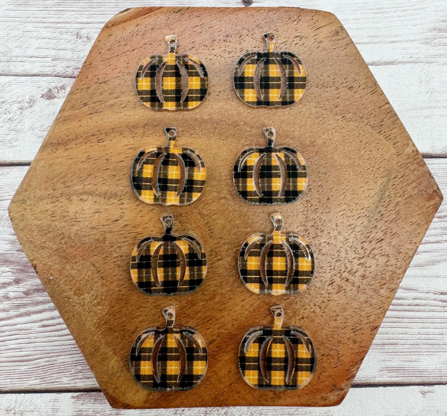 Set of 4 Pair Orange and Black Plaid Print Acrylic Mini Pumpkin Dangle Earring Blanks, Halloween, Fall, DIY Jewelry Making