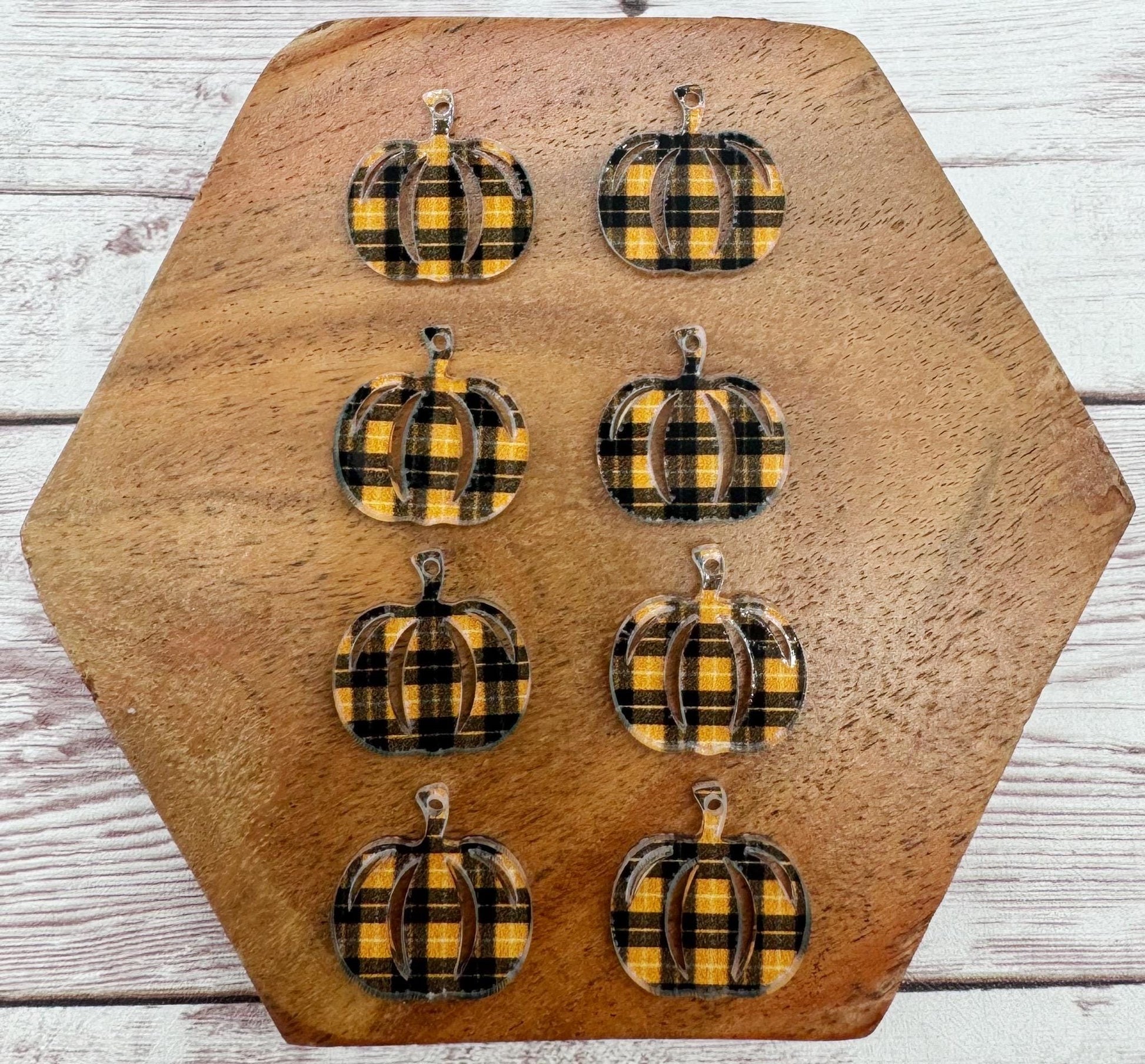 Set of 4 Pair Orange and Black Plaid Print Acrylic Mini Pumpkin Dangle Earring Blanks, Halloween, Fall, DIY Jewelry Making