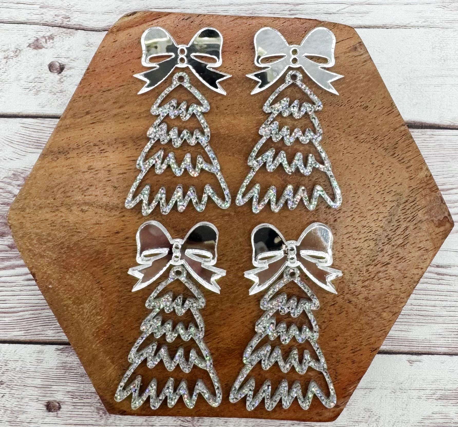 Holographic Glitter Doodle Christmas Tree and Silver Mirrored Bow Connector Set Earring Blanks, DIY Jewelry Making