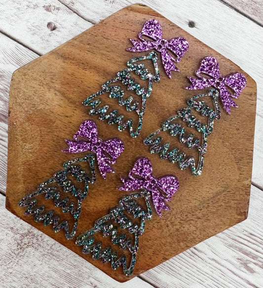 Multicolor Purple Glitter Doodle Christmas Tree and Purple Glitter Bow Connector Set Earring Blanks, DIY Jewelry Making