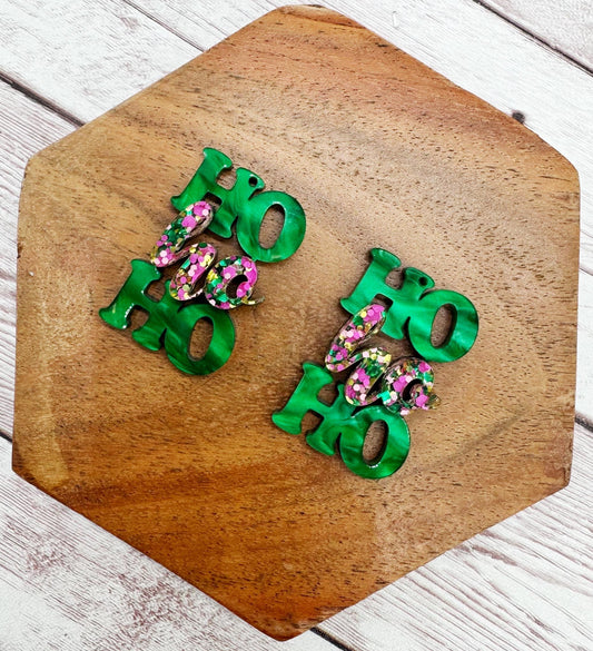 Green Marble and Glitter Layered Ho Ho Ho Acrylic Earring Blanks, Christmas, Winter, DIY Jewelry Making