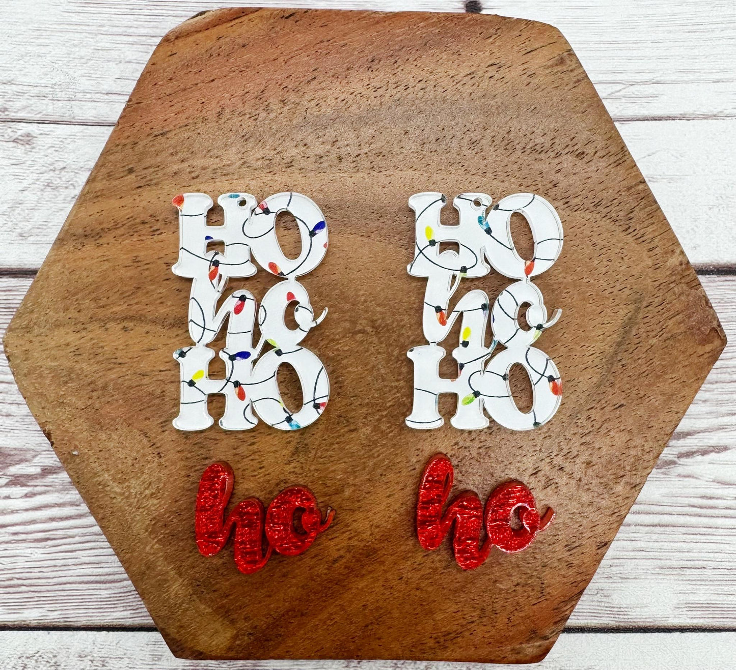 Christmas Light Print Layered Ho Ho Ho Acrylic Earring Blanks, Christmas, Winter, DIY Jewelry Making