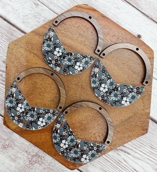 Grey Tone 70s Floral Print Acrylic and Wood Arch Round Earring Blanks, DIY Jewelry Making