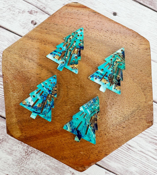 Set of 2 Pair Intricate Christmas Tree Green Teal Gold Swirl Print Acrylic Earring Blanks DIY Jewelry Making