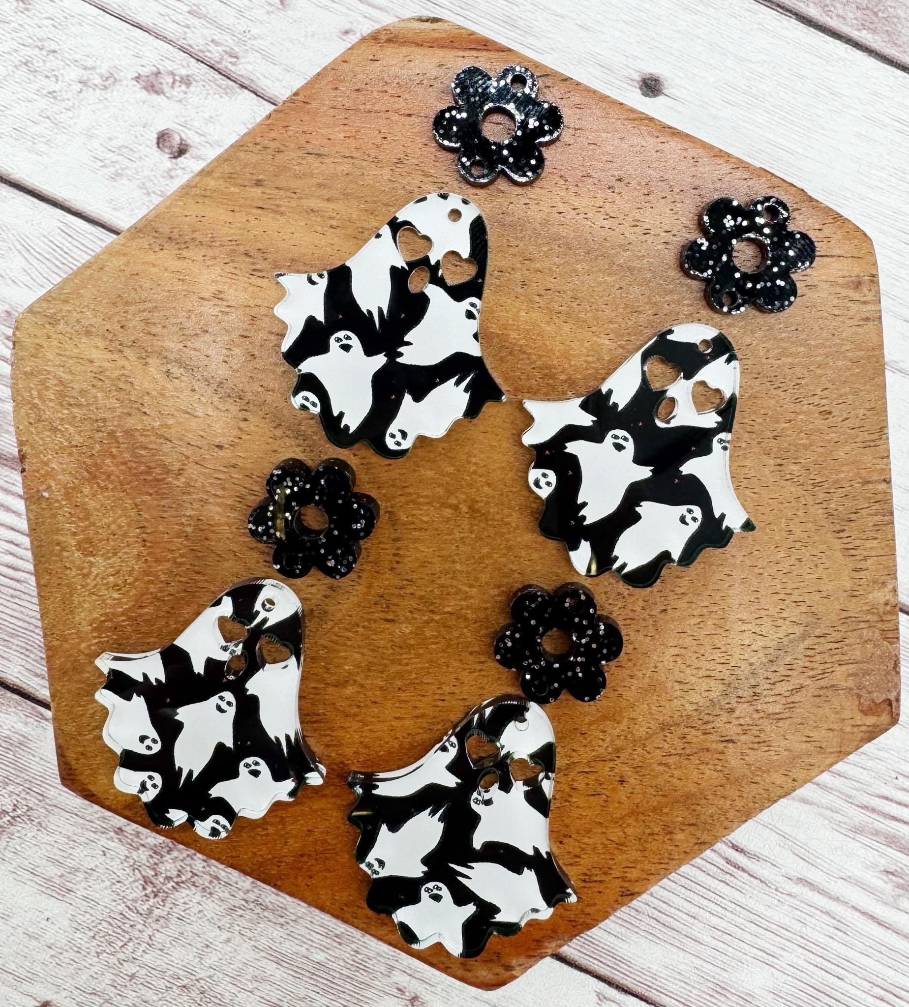 Ghost Print Acrylic and Black Glitter Flower Connector Halloween Set Earring Blanks, DIY Jewelry Making