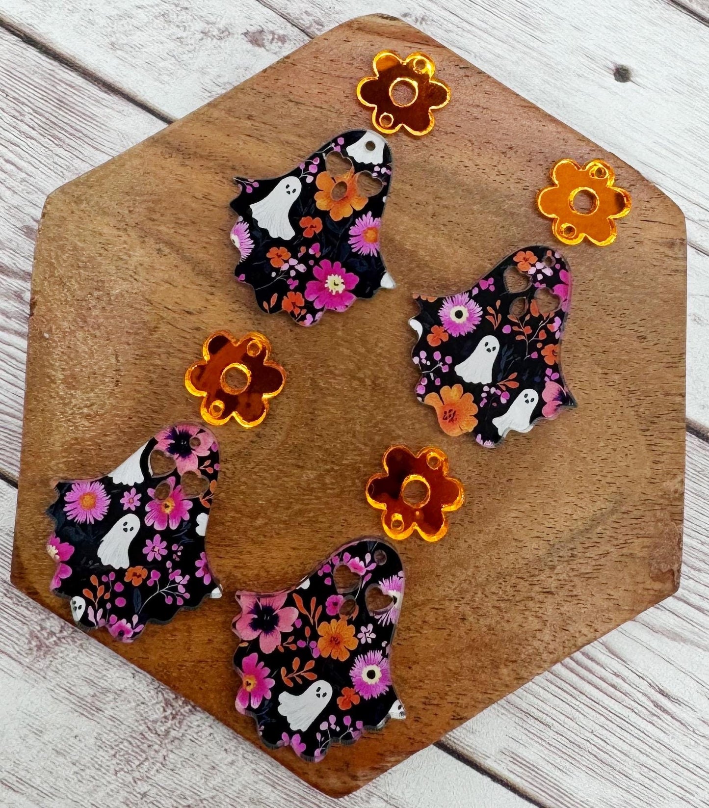Pink Floral Ghost Print Acrylic and Orange Mirrored Flower Connector Halloween Set Earring Blanks, DIY Jewelry Making