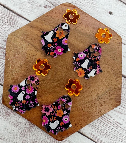 Pink Floral Ghost Print Acrylic and Orange Mirrored Flower Connector Halloween Set Earring Blanks, DIY Jewelry Making