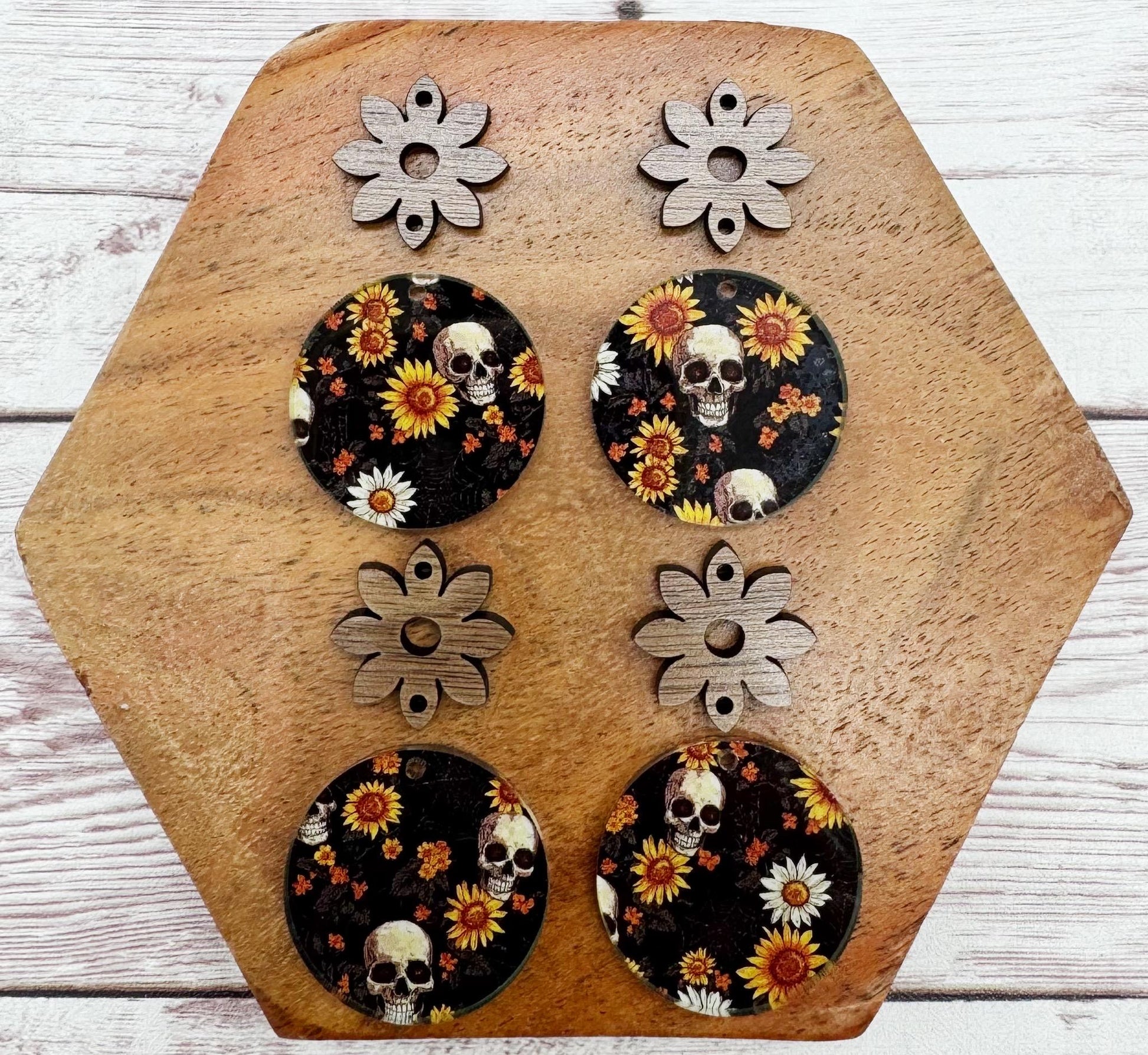 Sunflower Skull Print Acrylic and Wood Connector Set Halloween Earring Blanks, DIY Jewelry Making