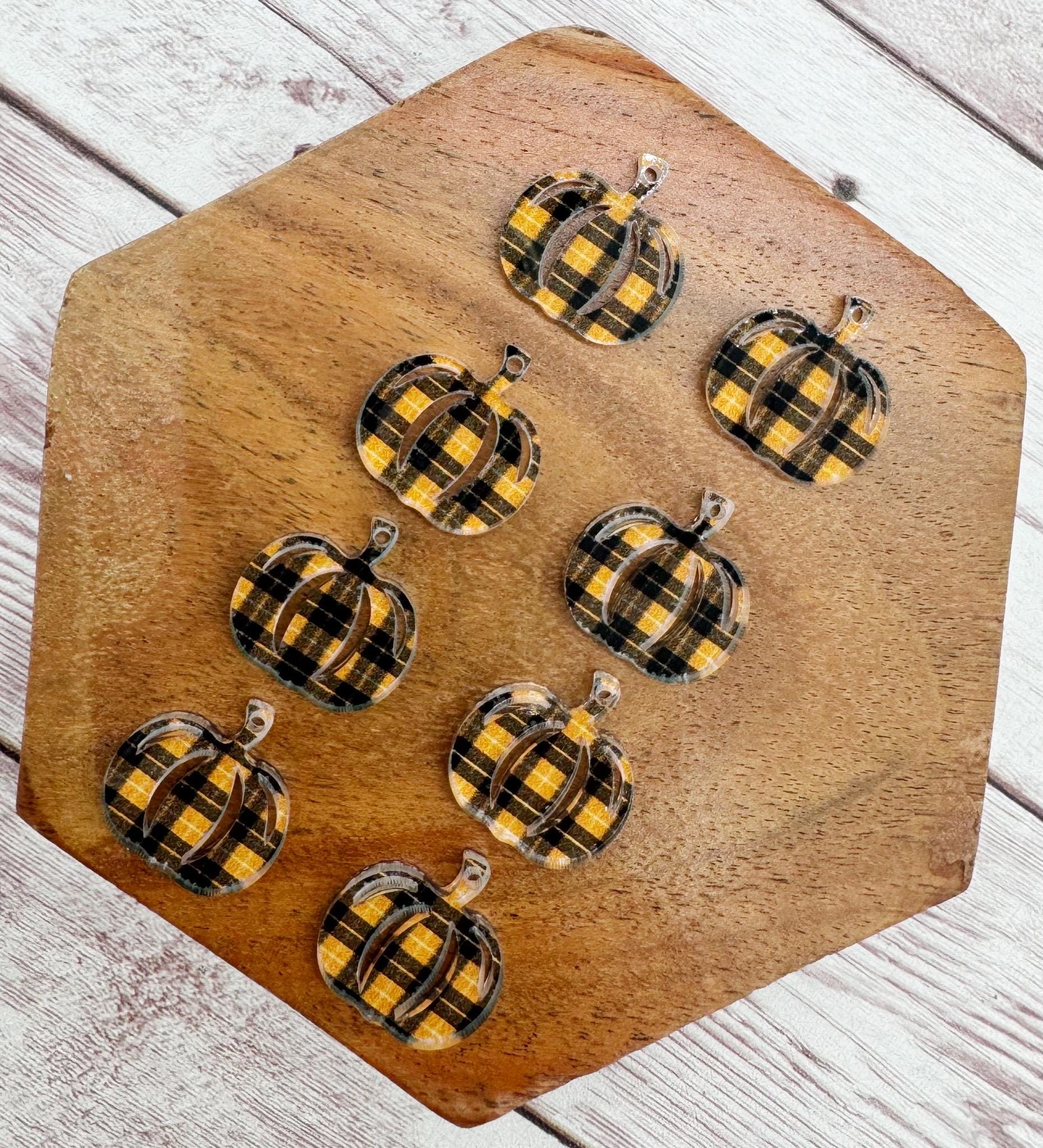 Set of 4 Pair Orange and Black Plaid Print Acrylic Mini Pumpkin Dangle Earring Blanks, Halloween, Fall, DIY Jewelry Making