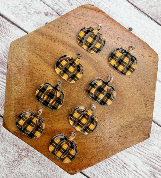 Set of 4 Pair Orange and Black Plaid Print Acrylic Mini Pumpkin Dangle Earring Blanks, Halloween, Fall, DIY Jewelry Making
