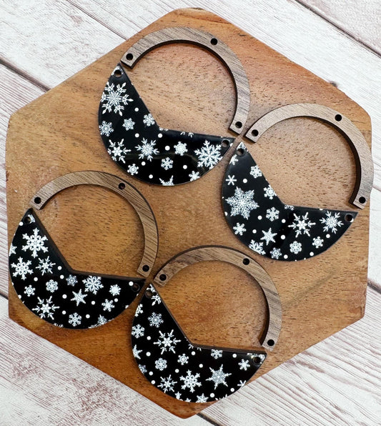 Black and White Snowflake Acrylic and Wood Arch Round Earring Blanks, DIY Jewelry Making