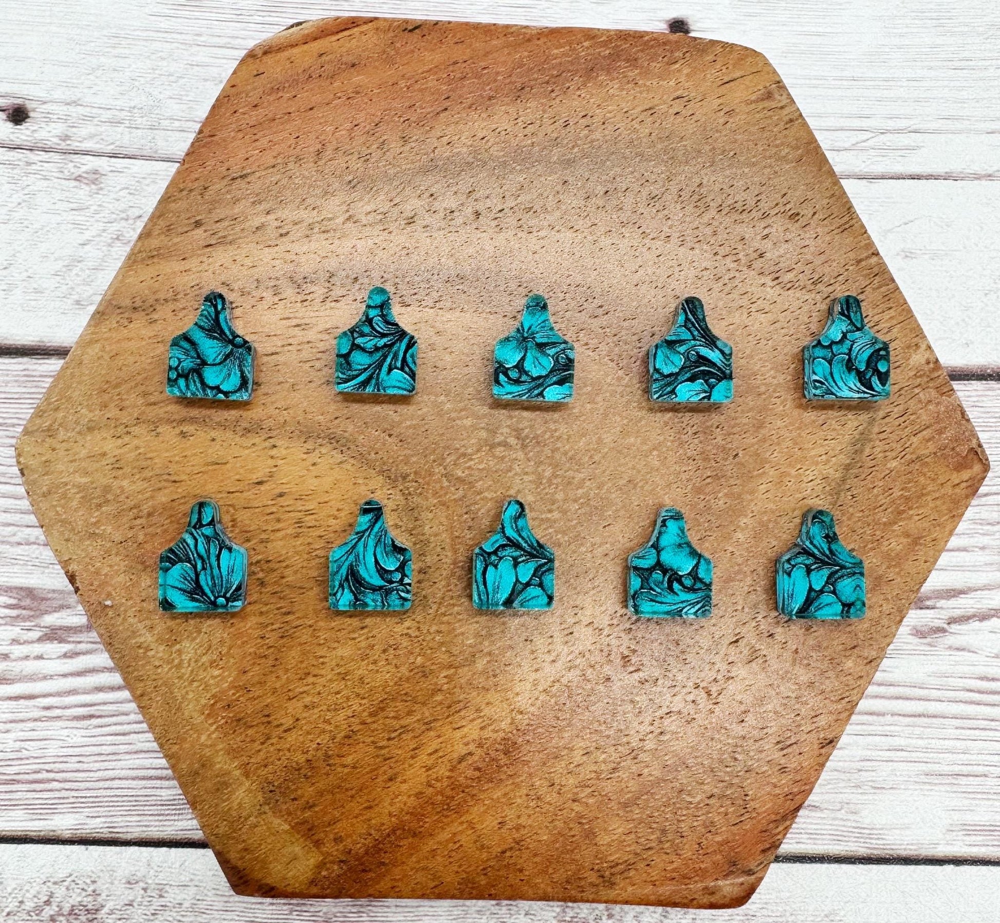 Cow Tag Animal Stud Earring Blanks Set of 5 Pair Teal Tooled Leather Print Acrylic DIY Jewelry Making