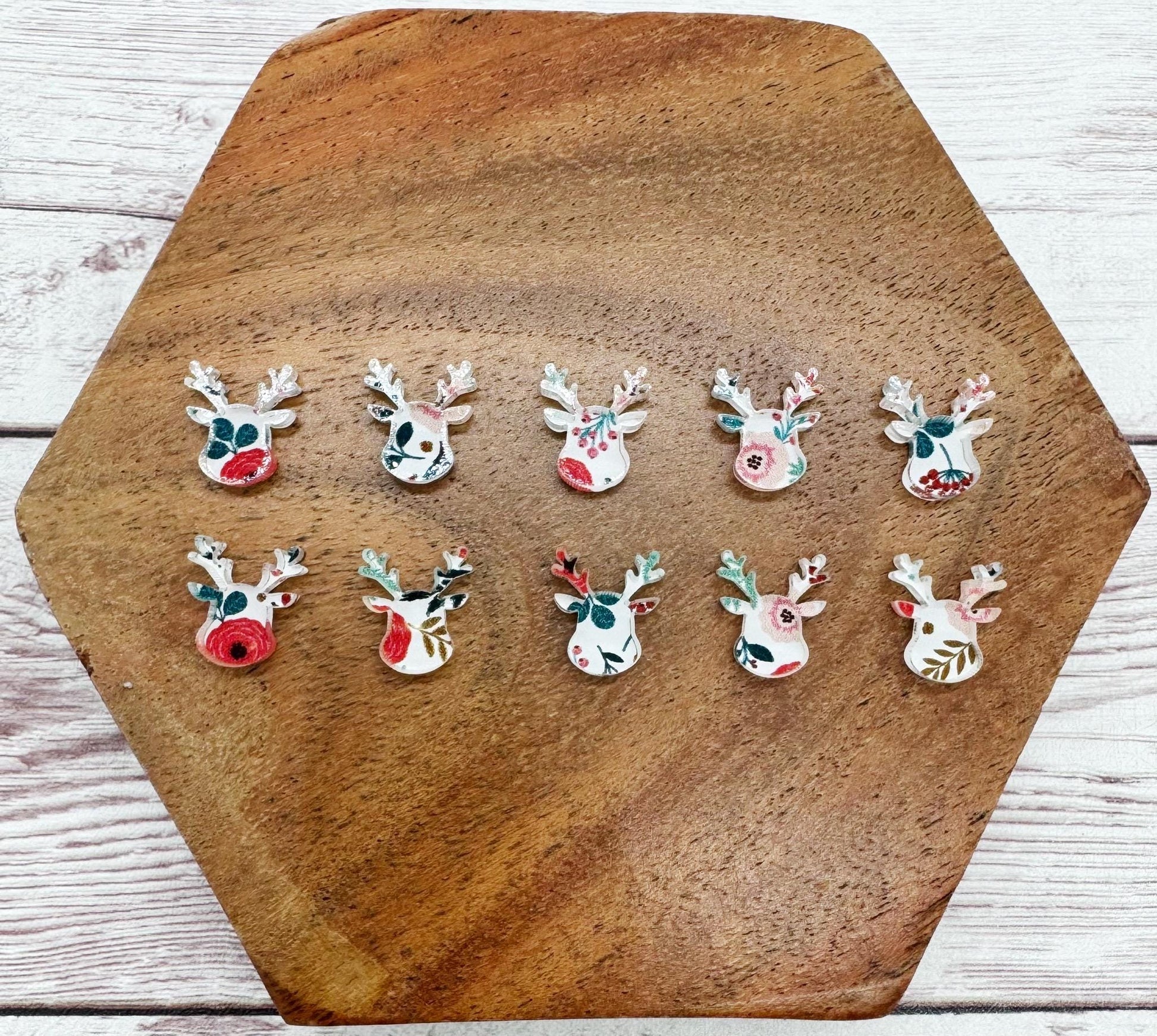 Reindeer Winter Floral Print Acrylic Christmas Stud Earring Blanks Set of 5 Pair DIY Jewelry Making