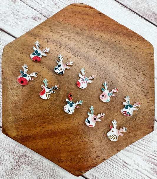 Reindeer Winter Floral Print Acrylic Christmas Stud Earring Blanks Set of 5 Pair DIY Jewelry Making