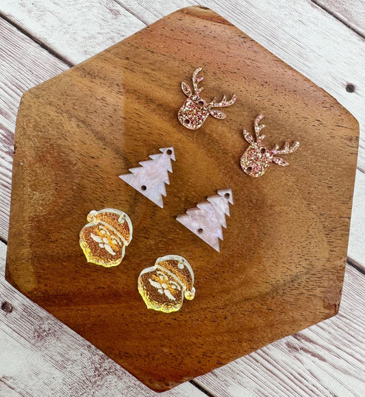 Pink Tone Christmas Trio Acrylic Earring Blanks, Christmas, Winter, DIY Jewelry Making